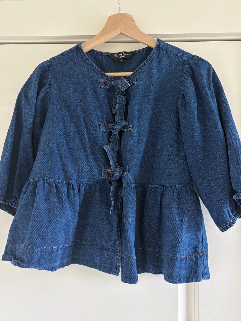 Denim Tie-Front Peplum top in Deep Blue